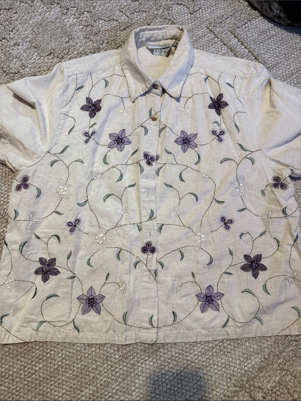 Dress Barn Cream Button-Down Top with Purple Floral Embroidery